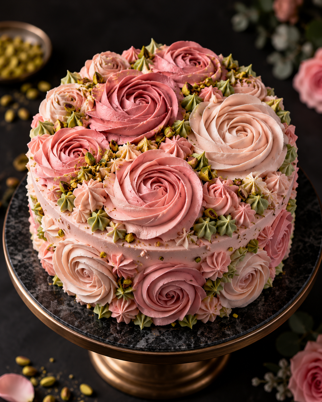 Pistachio Rose Tier cake with hand-piped pink rosettes