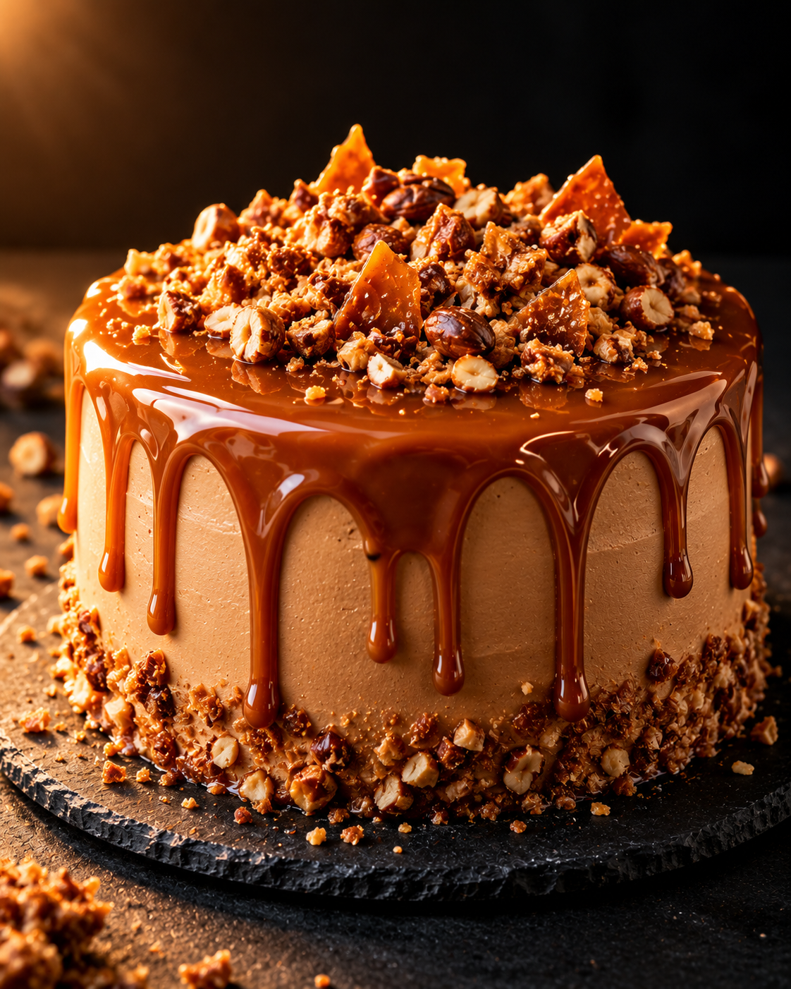 Salted Caramel Stack cake with caramel drip and praline